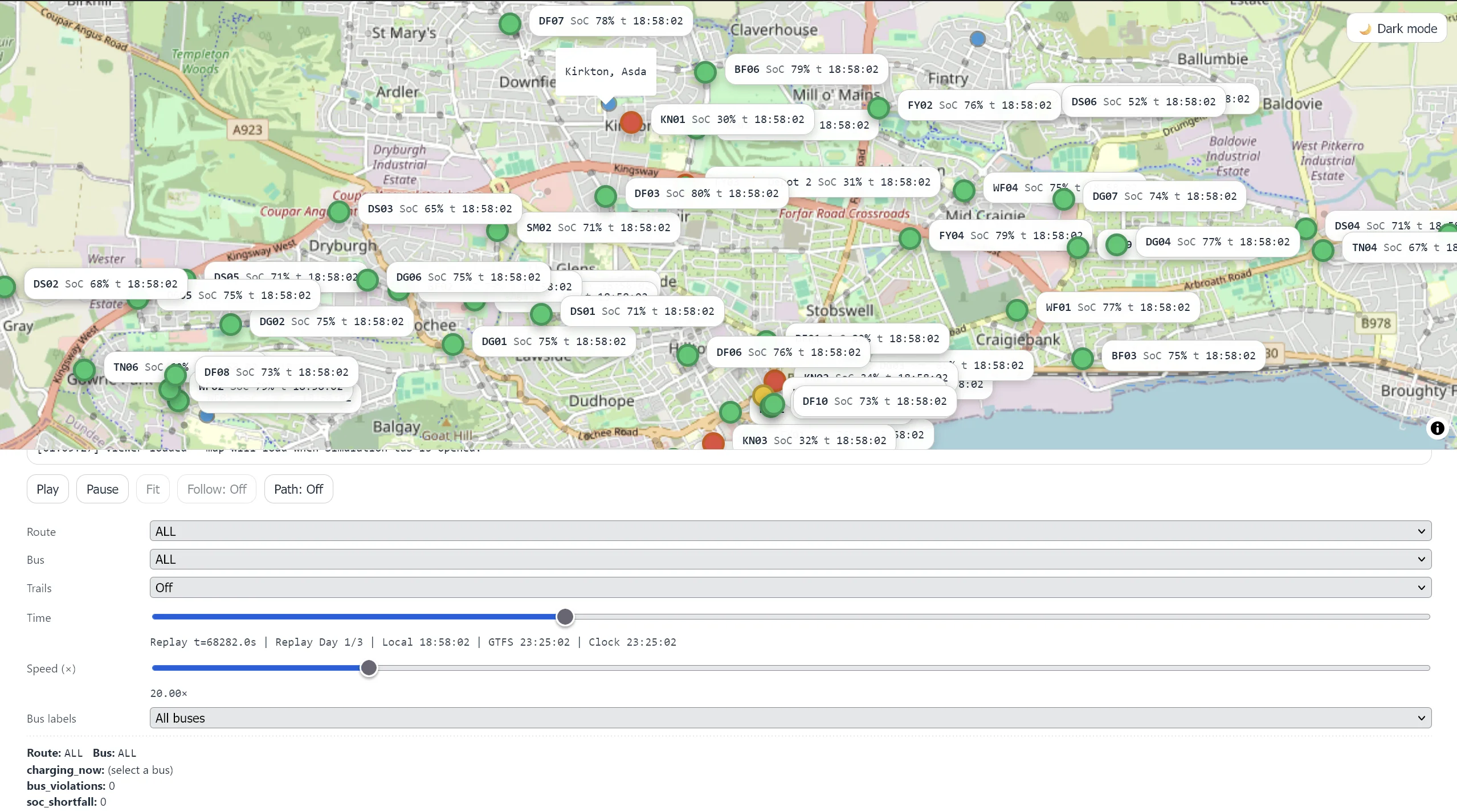 Electric bus charger optimisation simulation map