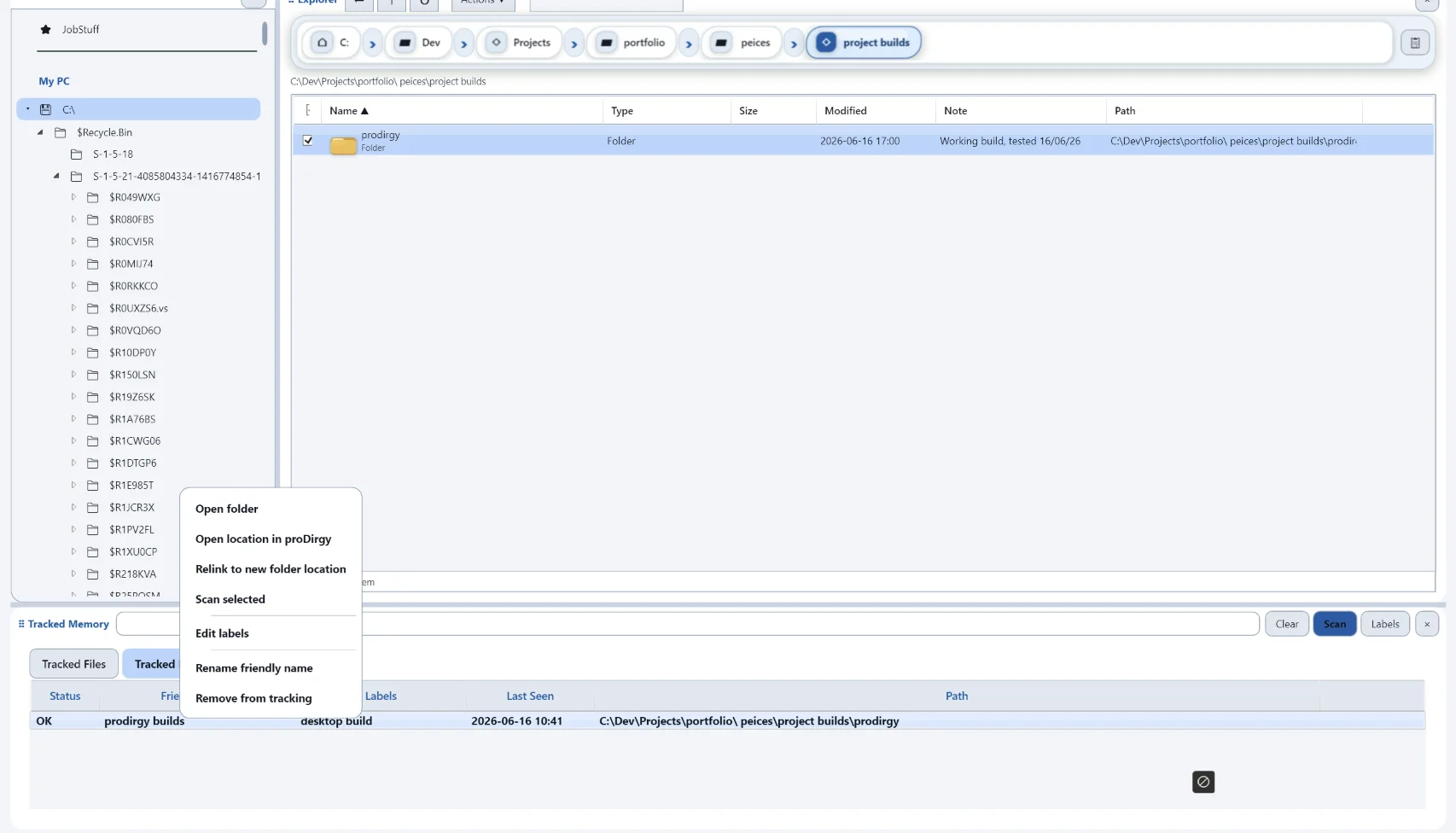 proDirgy tracked memory search and file tracking